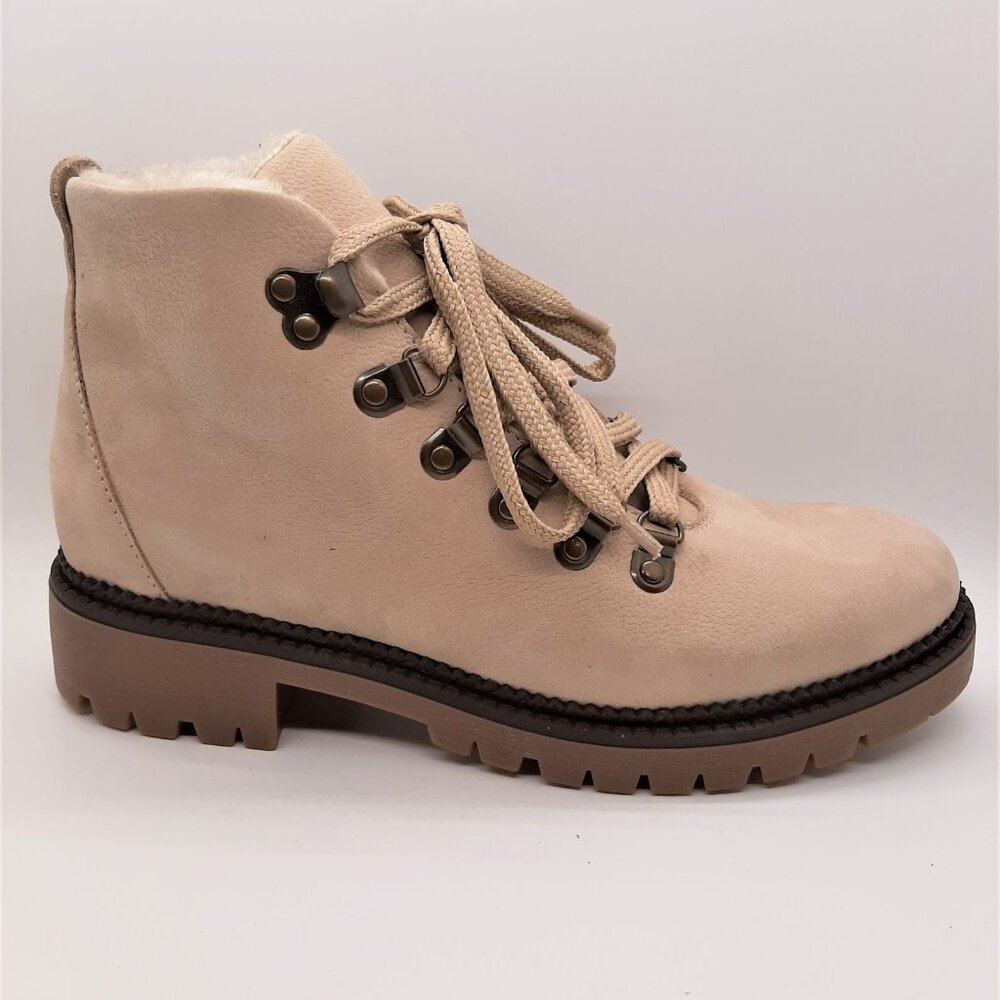 Beige Leather and Fur Lace Up Ankle Boots
